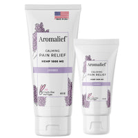 Two tubes of Aromalief calming pain relief cream, one larger and one smaller with lavender design elements, indicating a special offer.