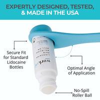 Close up of the Workvie Roll On Applicator showing secure fit, optimal angle and no spill ball