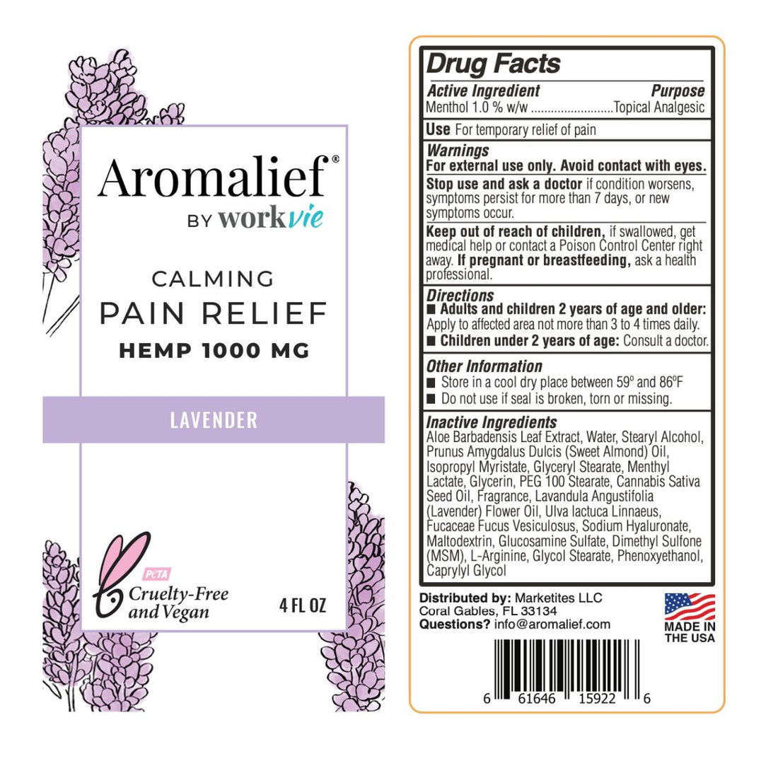 FDA label of ingredients for Lavender Pain Relief Cream with Aromatherapy