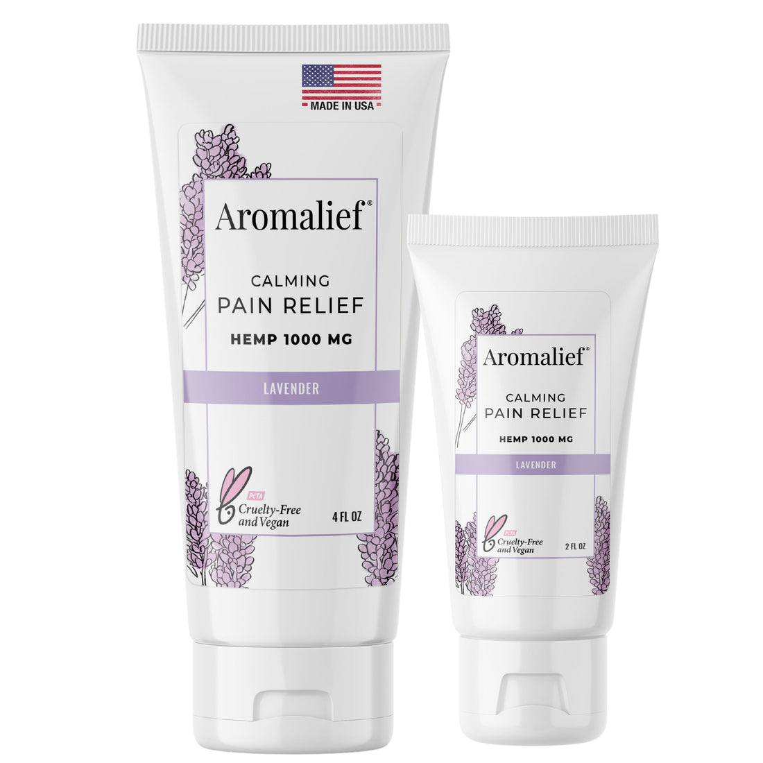 Two tubes of Aromalief calming pain relief cream, one larger and one smaller with lavender design elements, indicating a special offer.