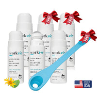WorkVie lidocaine pain relieving roll-ons with a free easy reach applicator and red bows on a white background.