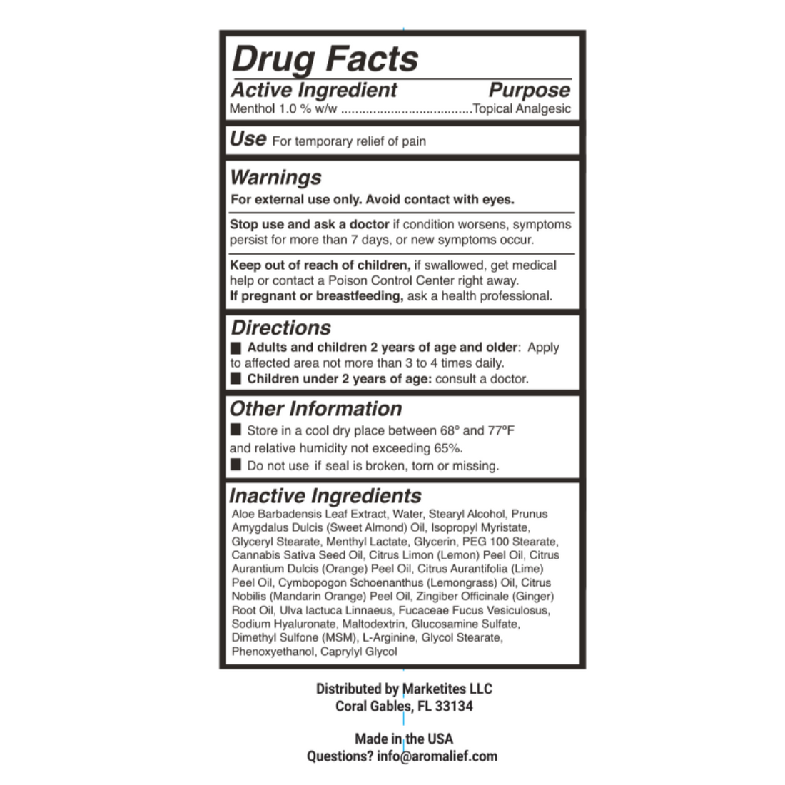 Aromalief Pain Relief Cream Drug Facts