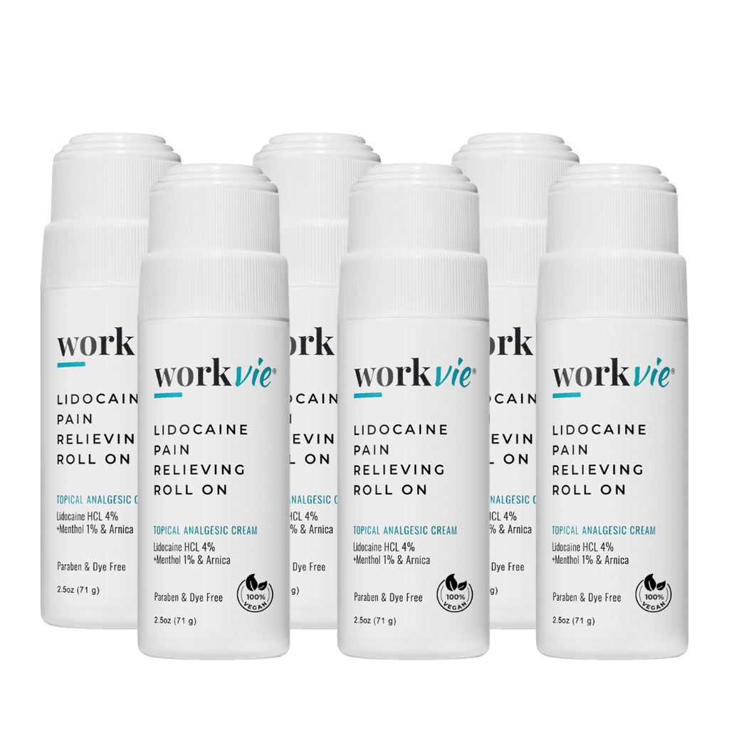 Two bottles of Workvie Lidocaine Pain Relieving Roll On with the cap removed, showing the white cream inside. The packaging is clean and white with blue and green text detailing the product's properties.