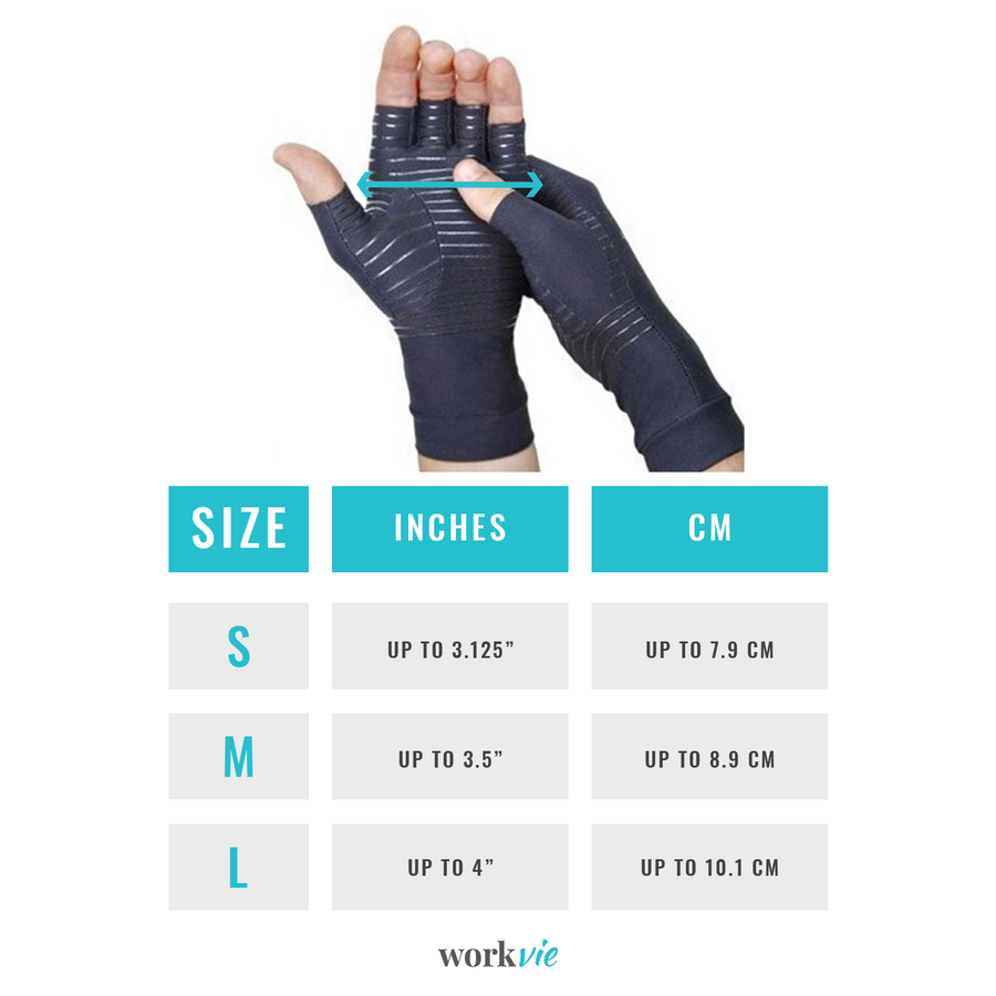 Workvie Copper Grip Compression Arthritis Recovery Half Finger Gloves - Size Chart